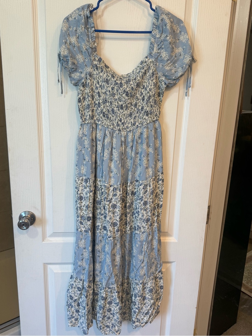 Blu Pepper Blue Floral Midi Dress with Puff Sleeves